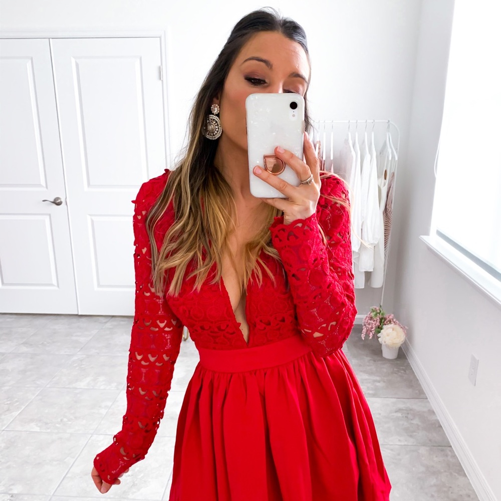 Red Plunge Guipure Lace Long Sleeve Skater Dress - Picture 14 of 16